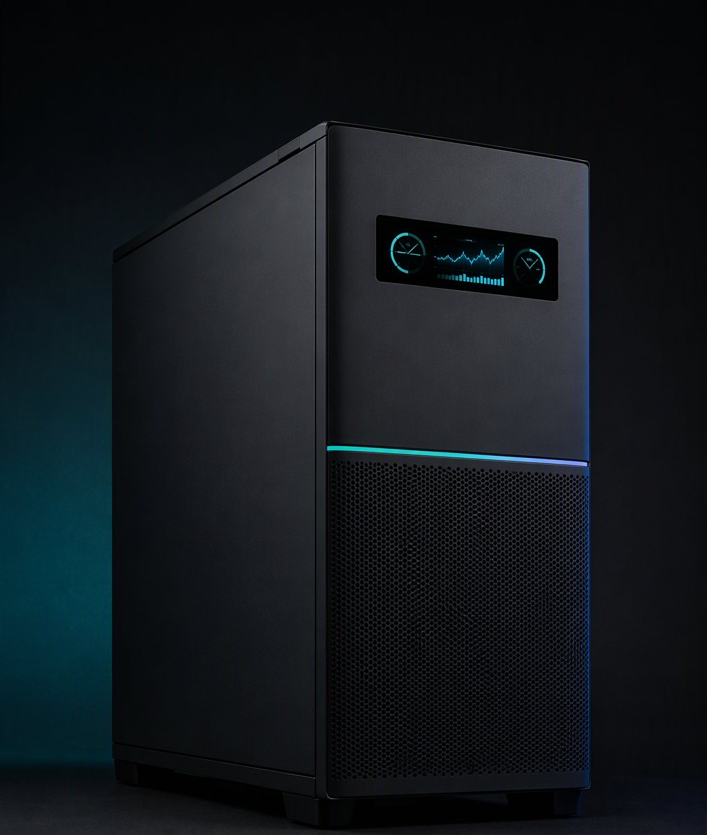 E1 Pro AI 工作站：中塔机箱、可编程显示屏、顶部隐形把手